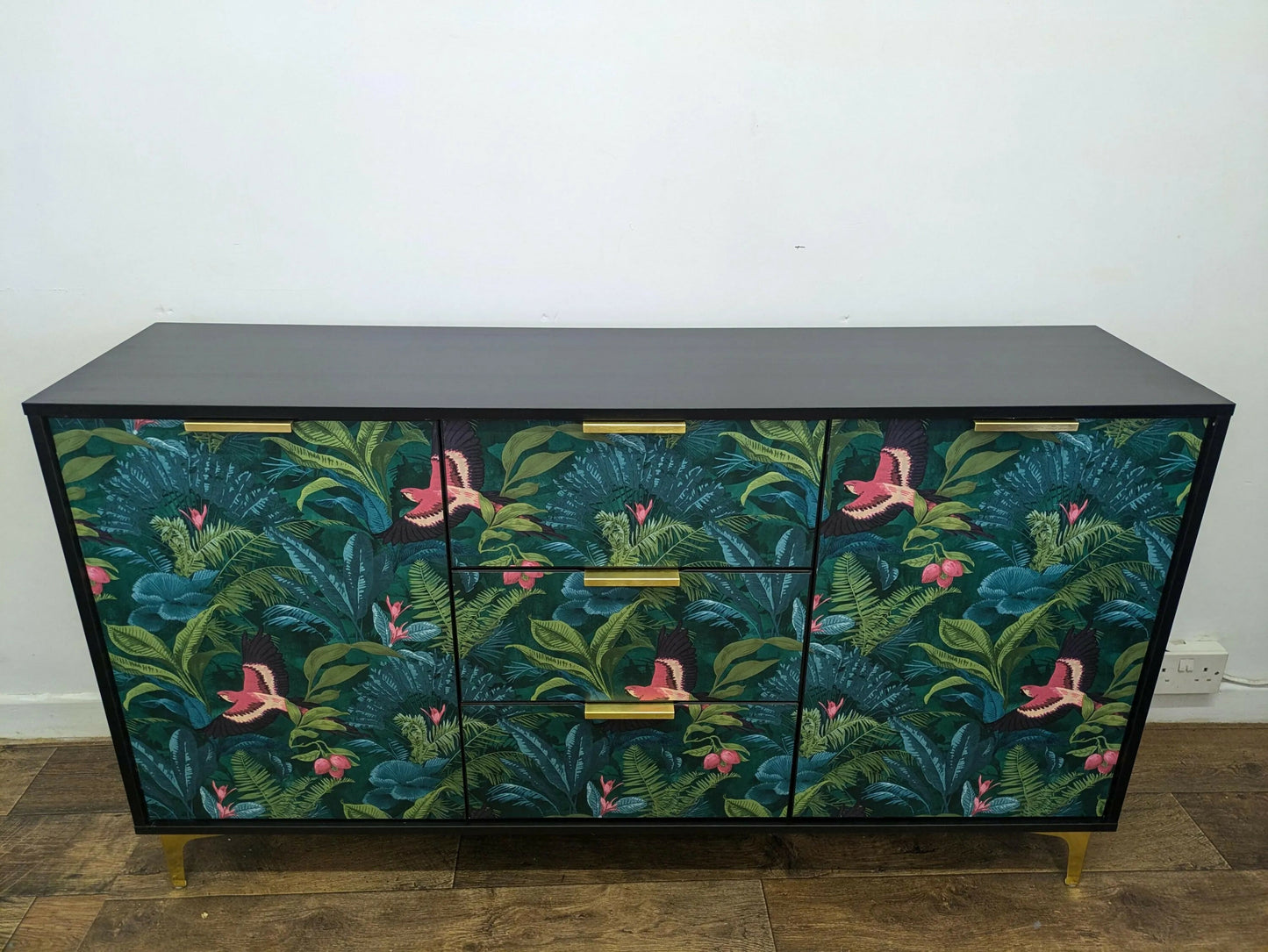 Contemporary Modern Sideboard Painted Black Tropical Bird Palm Tree Print. Sold Message For Commission