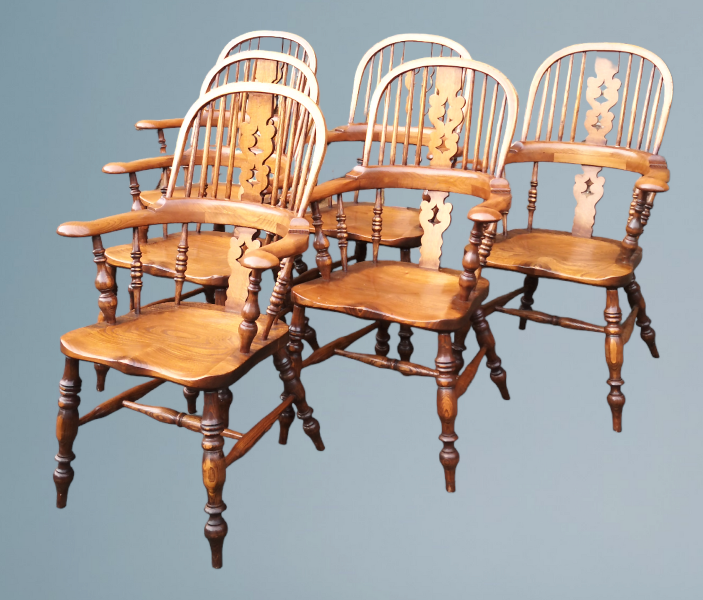 Set of Six Ash & Elm Broad Arm High Back Windsor Armchairs