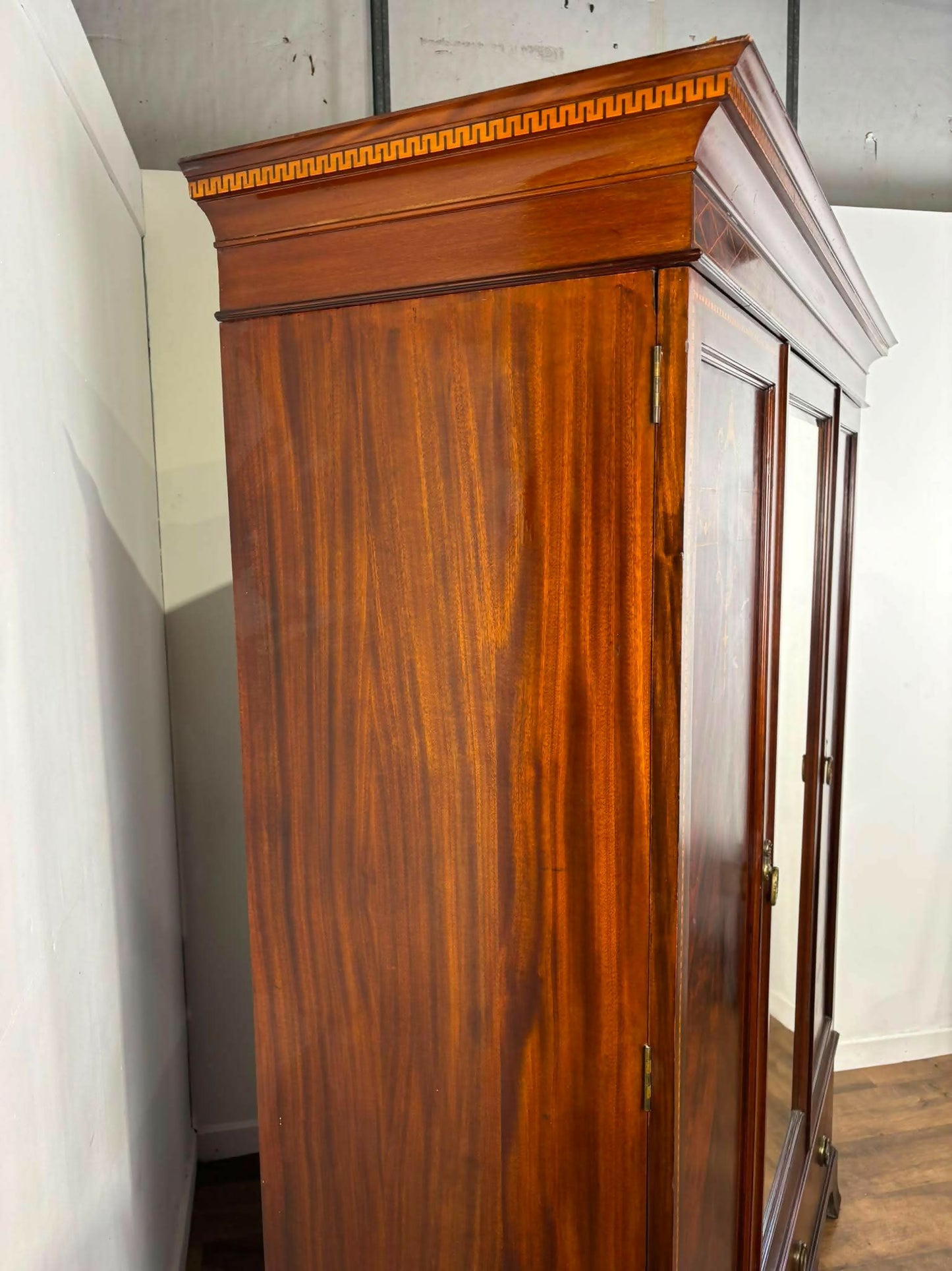 Edwardian Mahogany Inlaid Wardrobe / Armoire with Mirror & Drawers