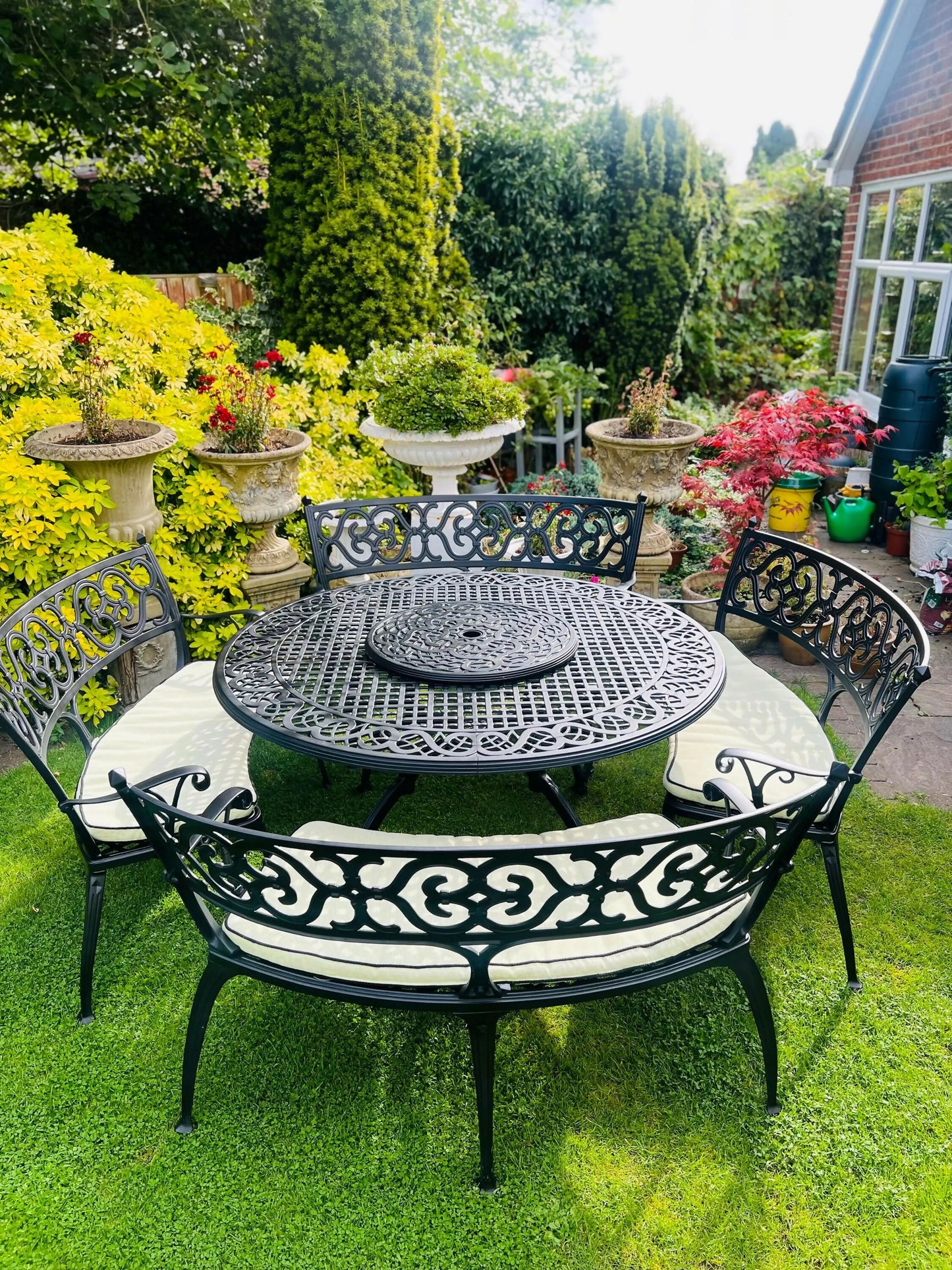 Black Vintage Large Patio Set 4 Benches, Parasol and Heat Lamps