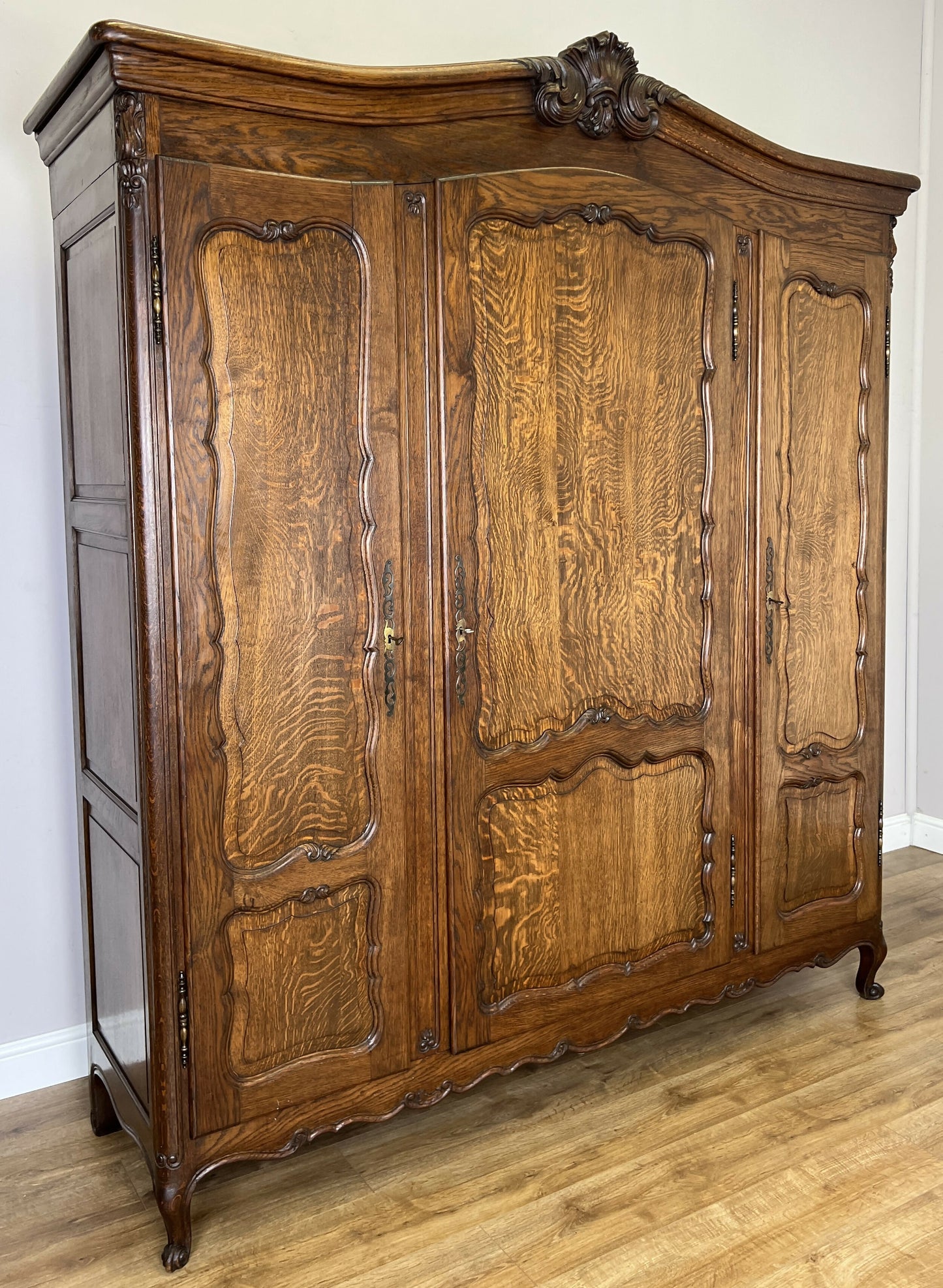 Wardrobe Antique French Louis XVI Style Oak Three Door Carved Armoire LOT 6461