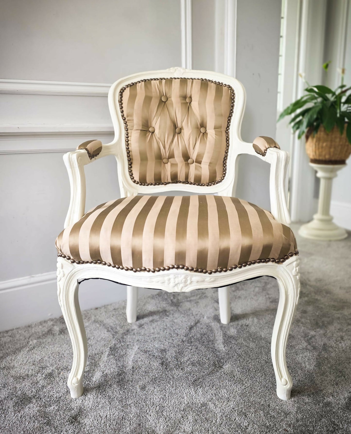 Louis XVl Newly Upholstered Accent Chair Silk Stripe Fabric, White Painted Frame