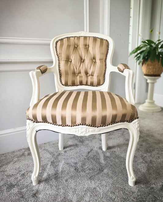 Louis XVl Newly Upholstered Accent Chair Silk Stripe Fabric, White Painted Frame