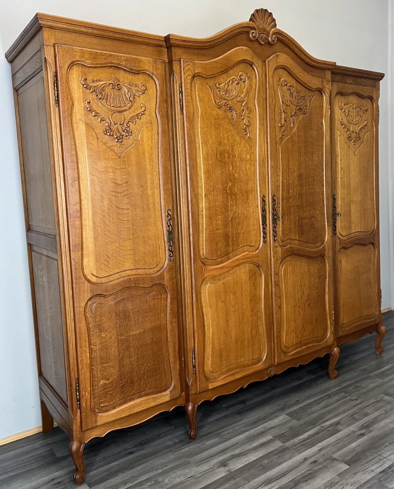 Wardrobe Vintage French Louis XVI Style Oak Four Door Carved Armoire LOT 4823