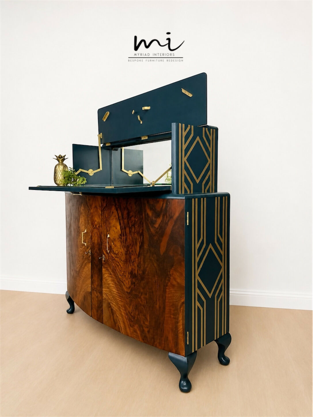 Navy Blue and Gold Art Deco Walnut Drinks Cabinet, cocktail cabinet, 1930s, vintage bar, sideboard, refurbished