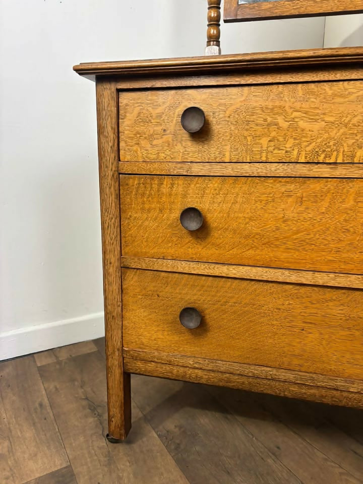 Vintage Oak Dressing Table with Mirror – 3 Drawer Vanity on Castors