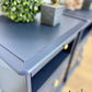 Rare refinished Stag Minstrel Tea Tray Bedside Tables in Navy Blue With Gold Floral Bird Design, Nightstands, vintage