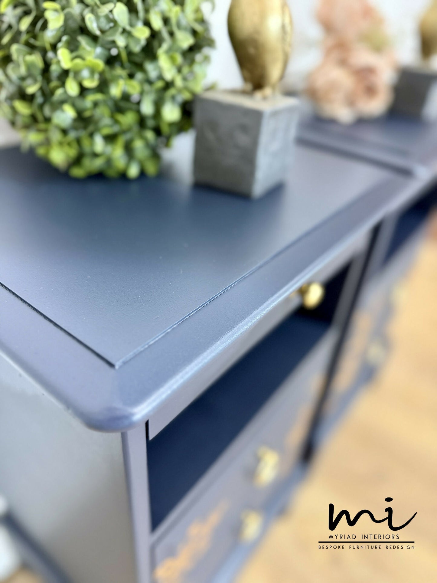 Rare refinished Stag Minstrel Tea Tray Bedside Tables in Navy Blue With Gold Floral Bird Design, Nightstands, vintage