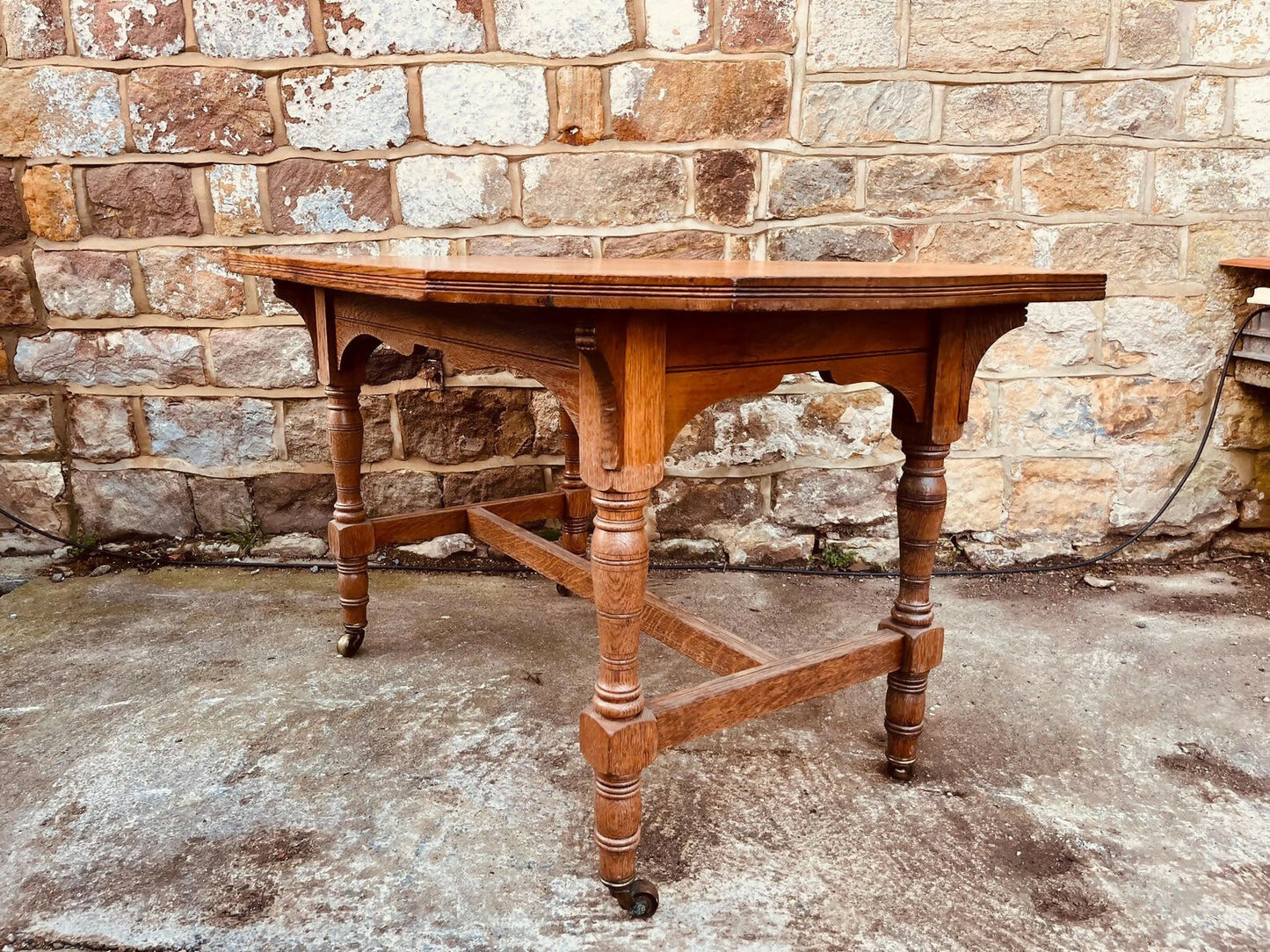 Antique Oak Occasional Table • Edwardian Tiger Oak Side Table on Castors • Octagonal Statement Table • Vintage Turned Leg Oak Table