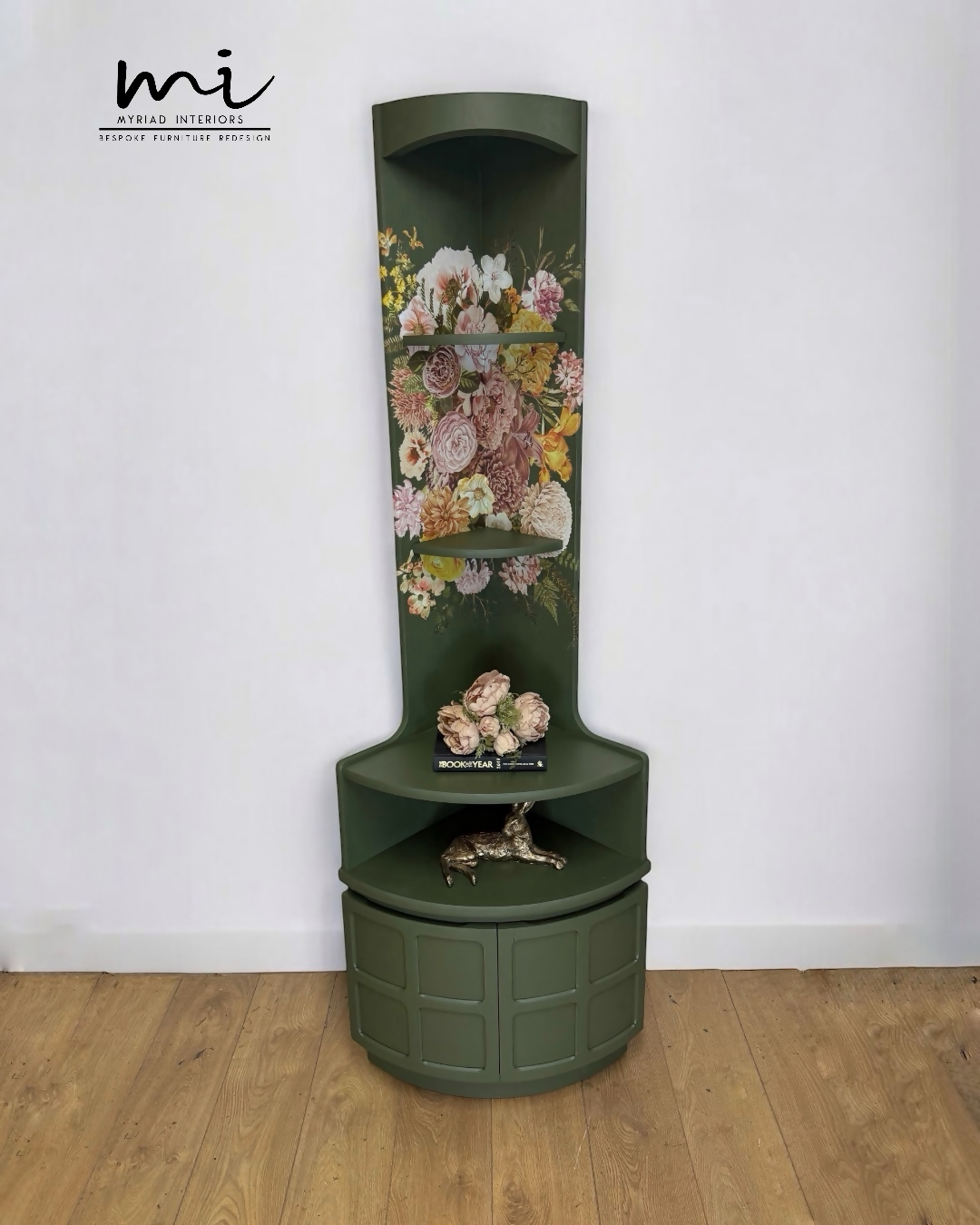 Refinished Nathan deep olive and neutral floral corner cabinet, cupboard, sideboard, shelves drinks cabinet