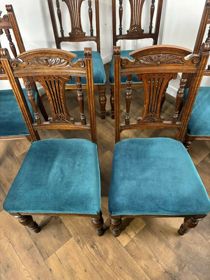 Set of Six Edwardian Carved Oak Dining Chairs –with Teal Upholstery