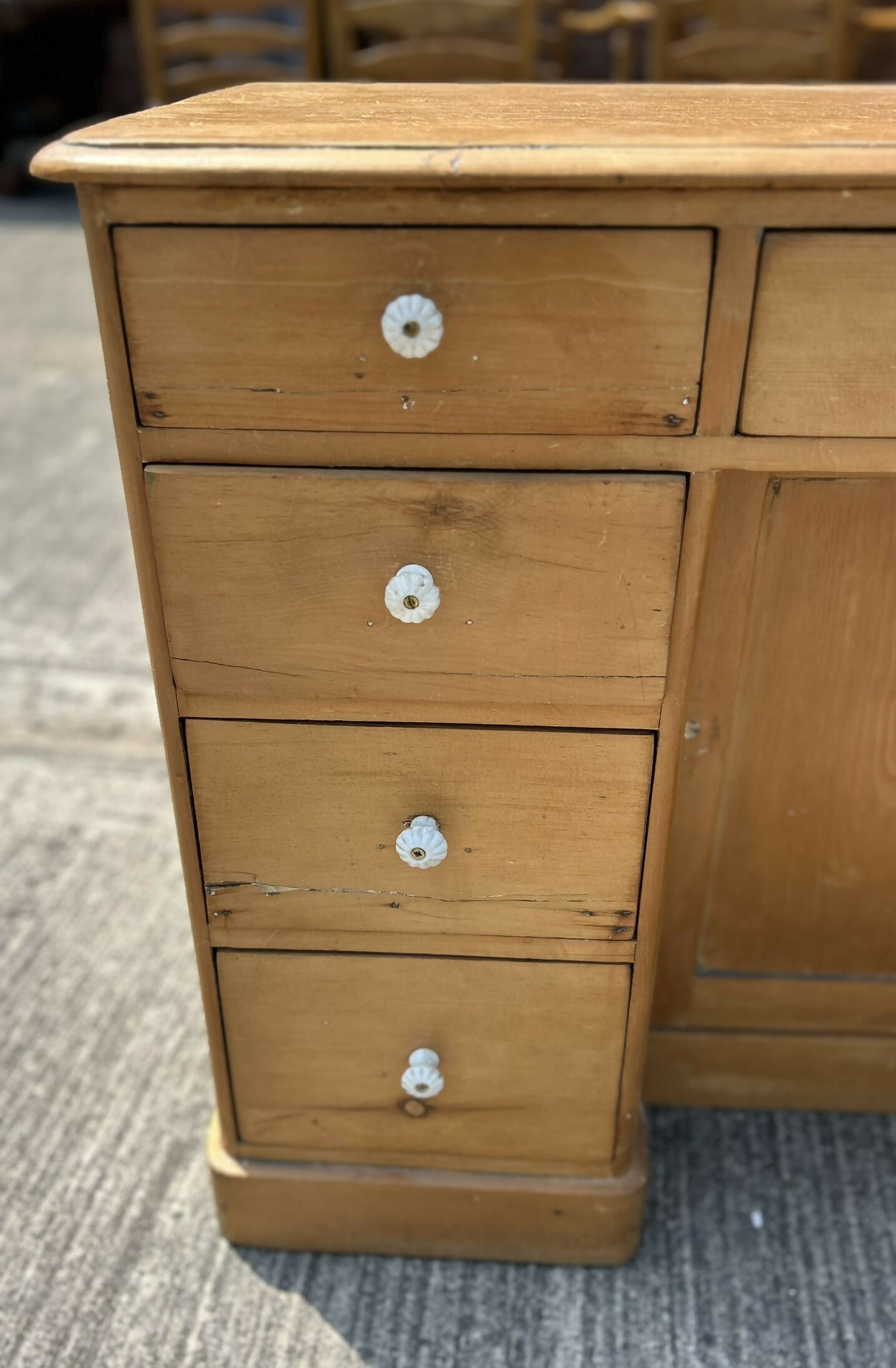Antique Victorian Pine Kneehole Writing Office Desk With Central Cupboard