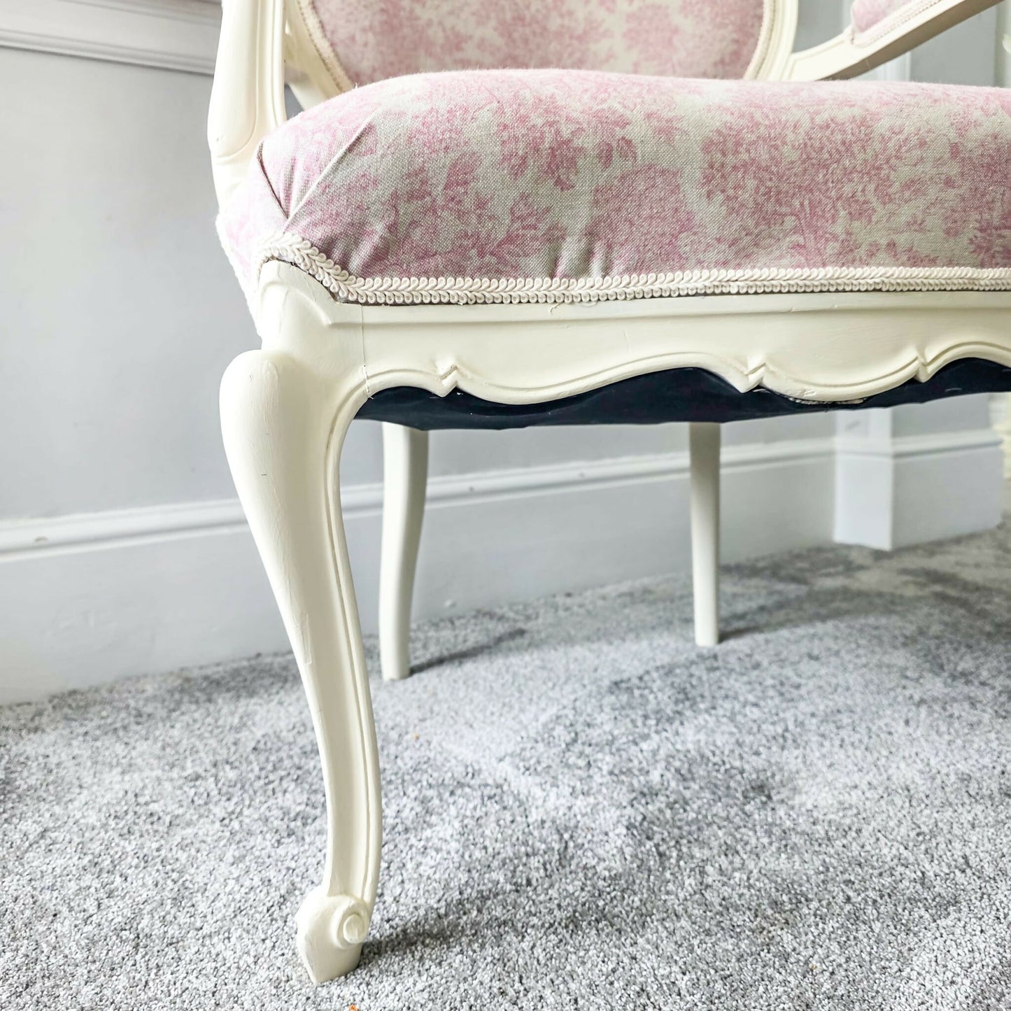 Louis XVl Newly Upholstered Accent Chair, Bergere, Pink Toile Fabric, Cream Painted Frame, Cabriole Legs. Venetian influences.