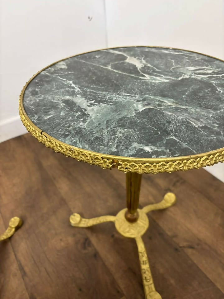 Pair of Circular Gilt Based Tripod Wine Tables with Faux Marble Tops