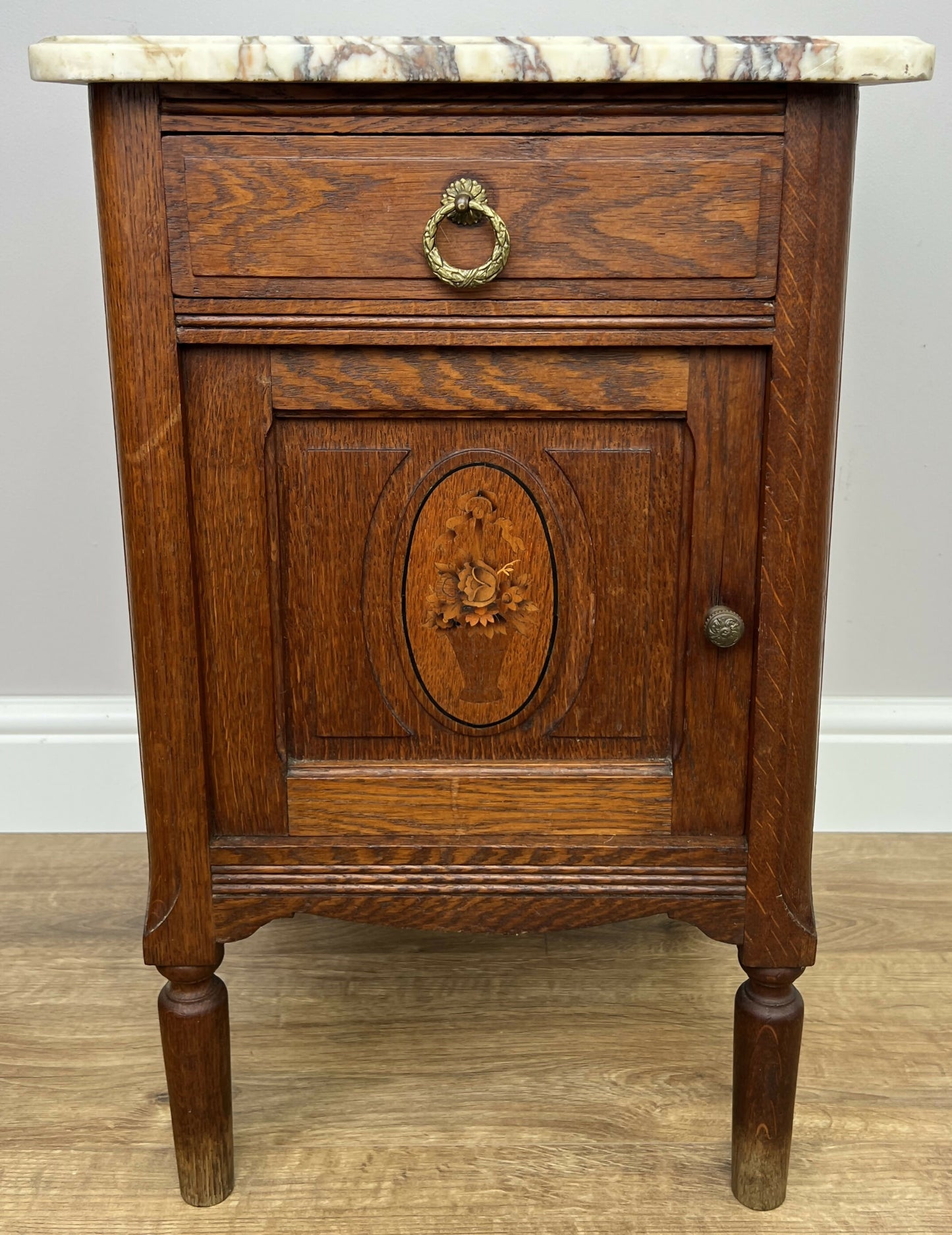 Bedside Table Antique French Marble Top Oak Cabinet Carved Cupboard LOT 6353