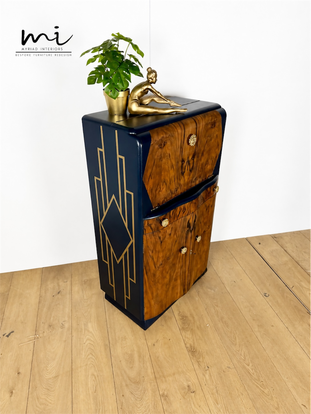 Navy Blue And Gold Art Deco Burl Walnut Cocktail Cabinet, Drinks Cabinet