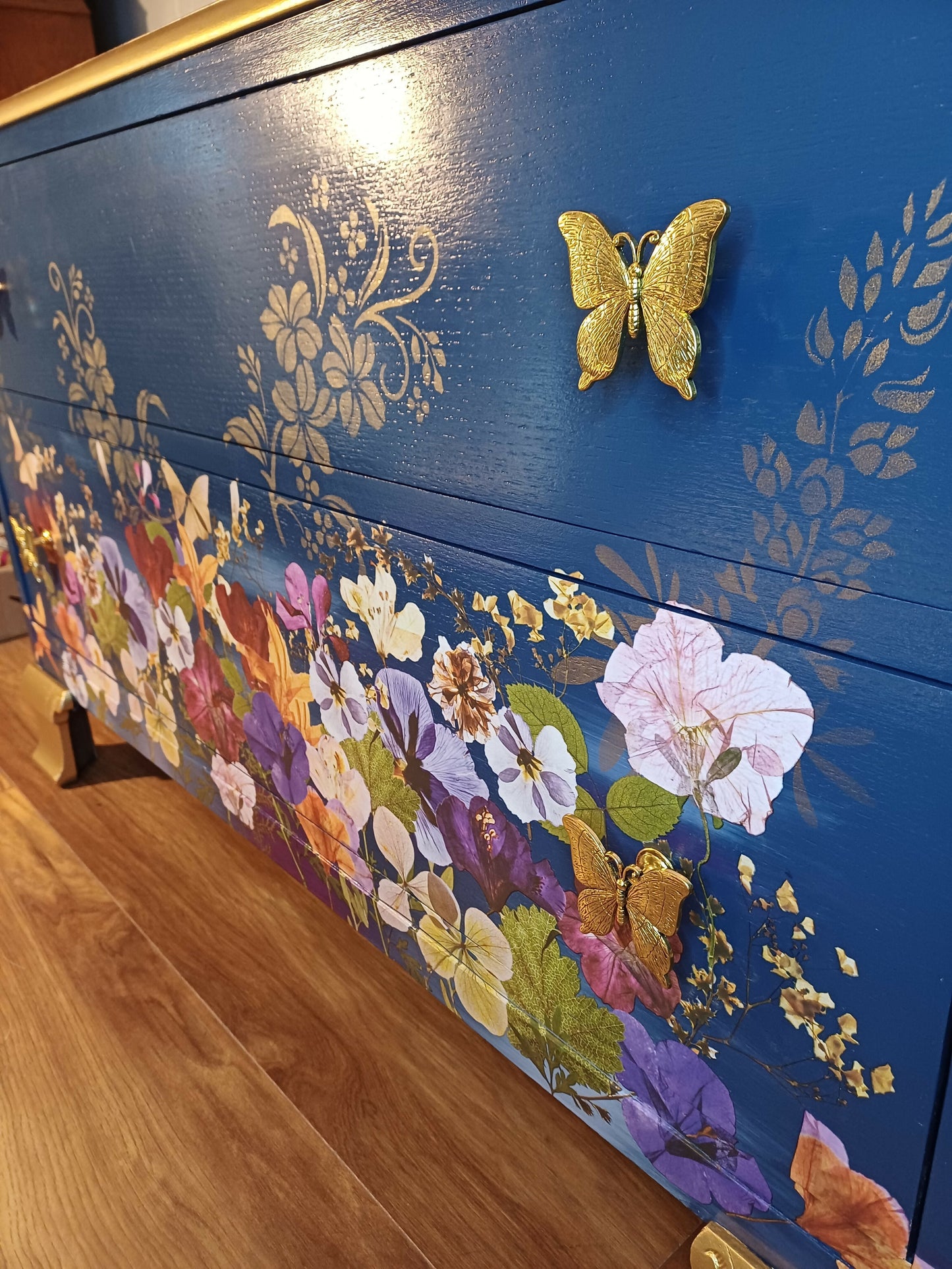 Upcyled Blue and Gold Floral Chest of Drawers