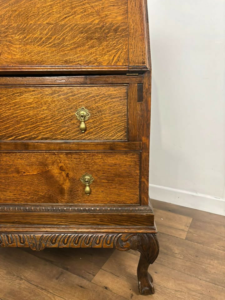 Early 20th Century Oak Bureau with Fitted Interior & Carved Base