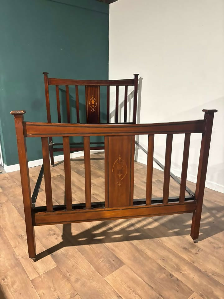 Edwardian Mahogany Inlaid double bed stead00