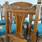 Set of Six Edwardian Carved Oak Dining Chairs –with Teal Upholstery