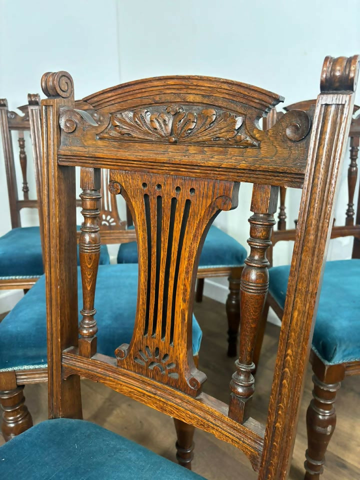 Set of Six Edwardian Carved Oak Dining Chairs –with Teal Upholstery