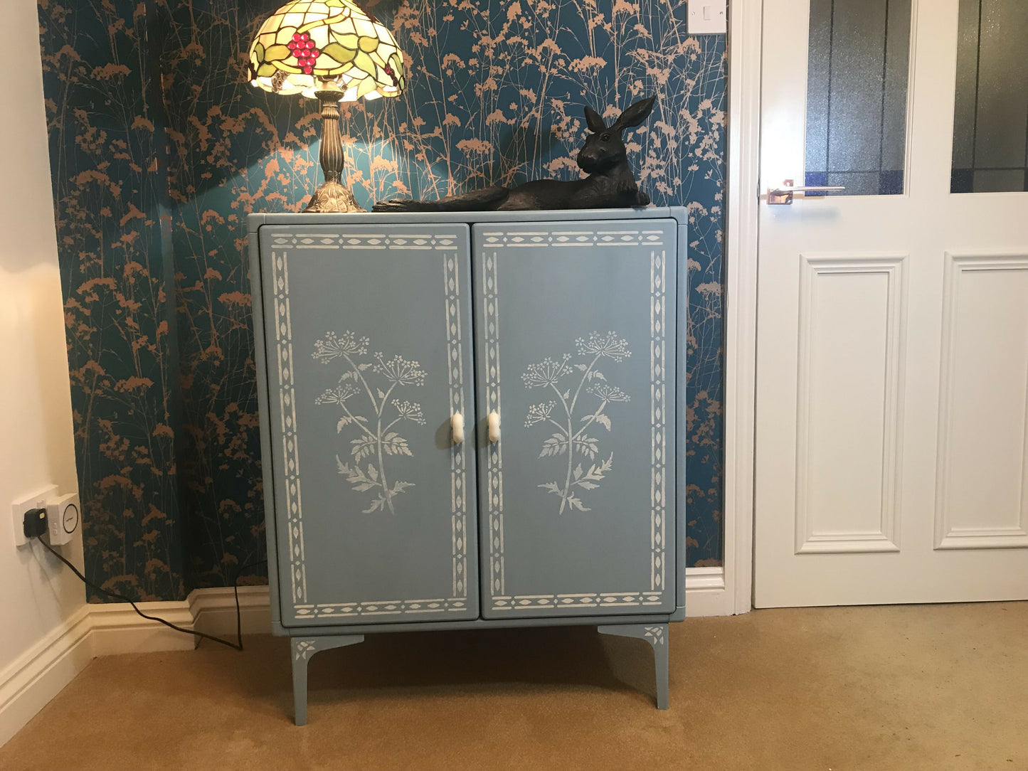 Painted Cupboard - Swedish Blue with Faux Bone Stencilling