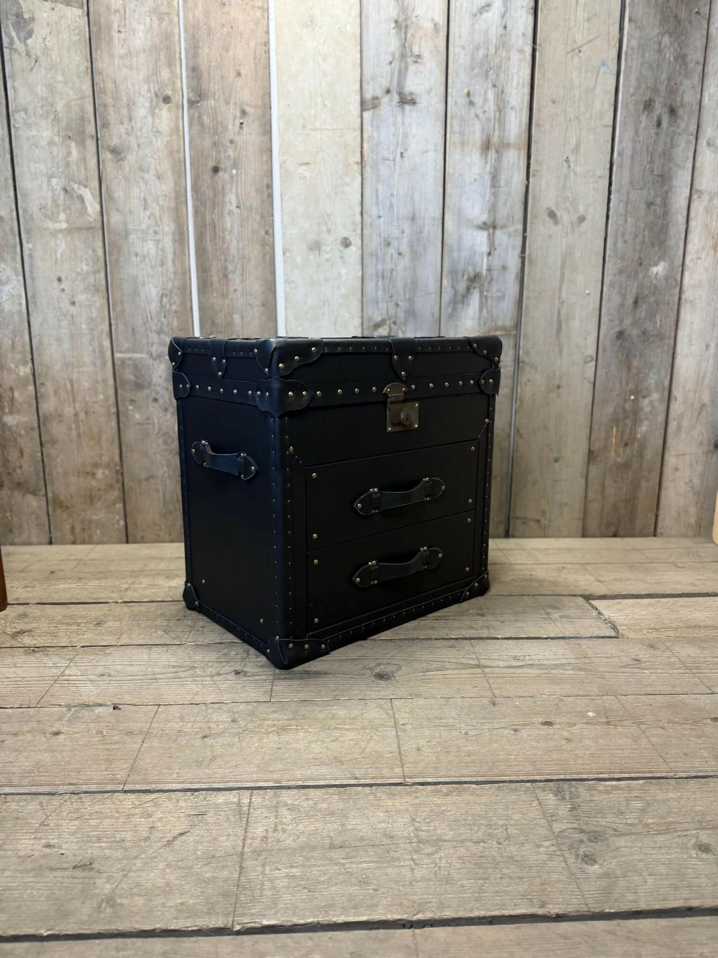 Leather 2 Draw Accent Blue Vintage Storage Trunk End Table