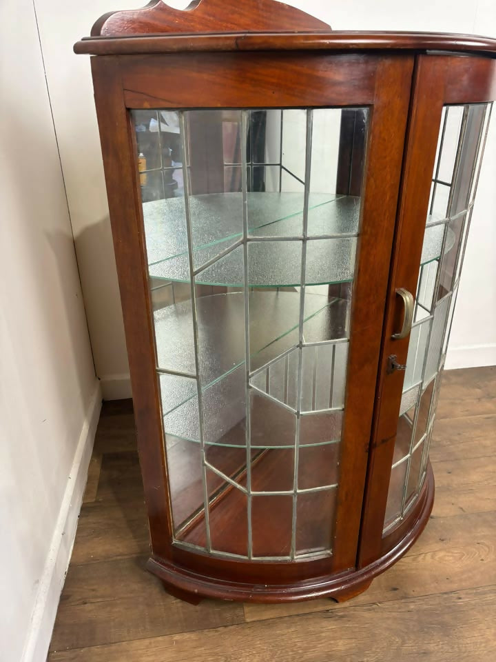Vintage Mahogany Bow Fronted Display Cabinet with Leaded Glass