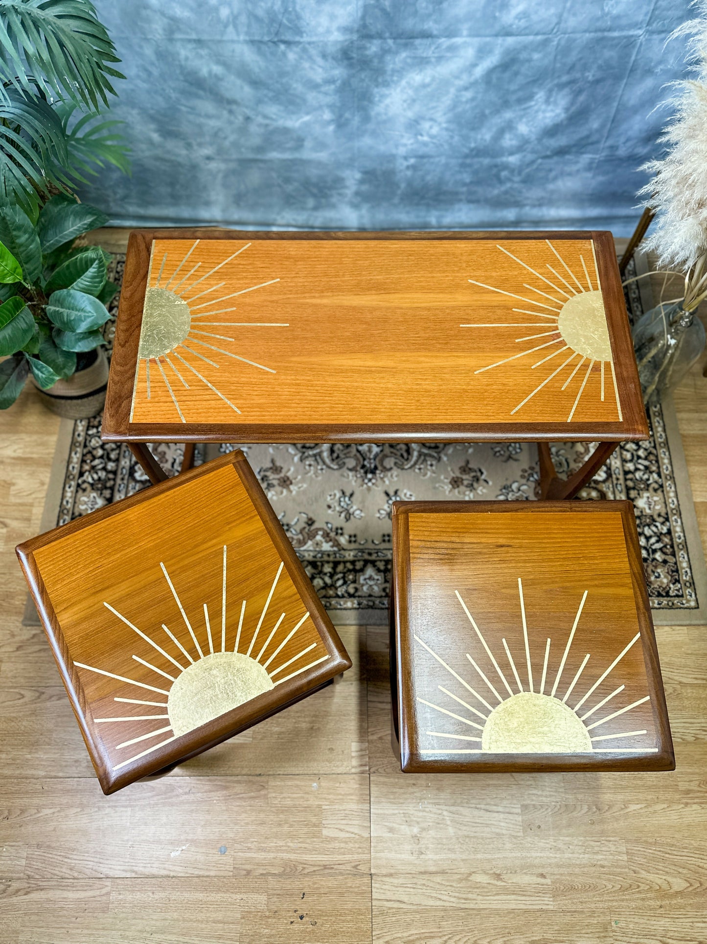 G Plan Long John Nest of 3 Tables with Gold Leaf Sunburst Design - Mid Century Modern MADE TO ORDER