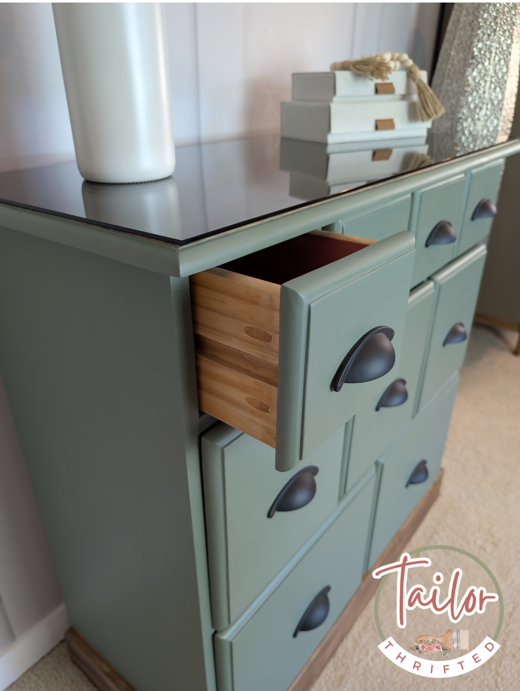 Professionally Upcycled 9-Drawer Captain's Chest – Sage Green & Dark Wood