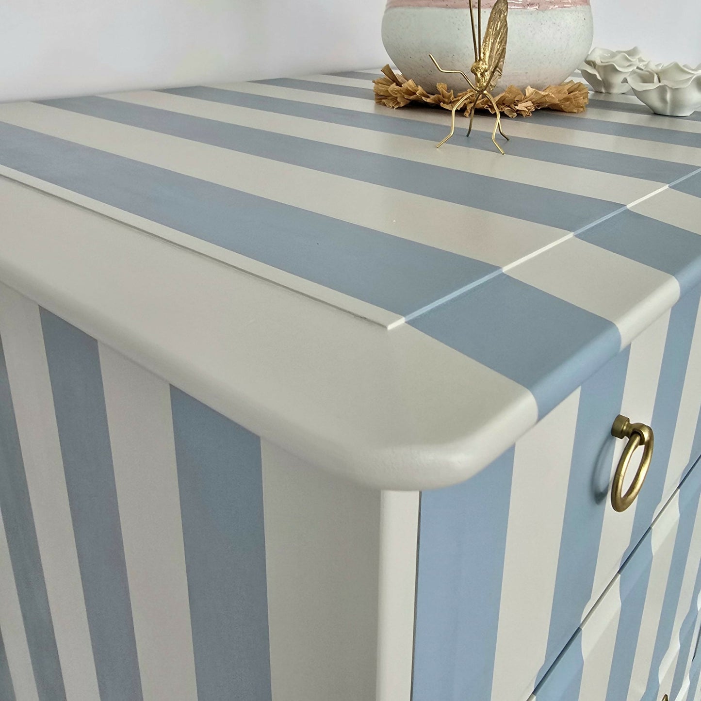 Vintage Hand-painted Stag Minstrel Tallboy, Chest of Drawer Blue & Cream Striped