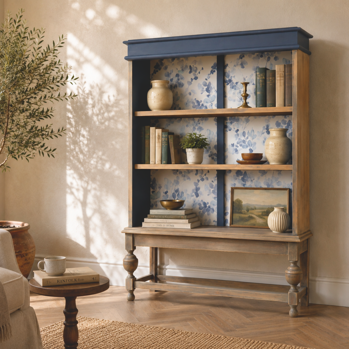 Vintage Open Bookcase | Upcycled Display Cabinet | Blue Botanical Shelving Unit | Hand Painted Furniture