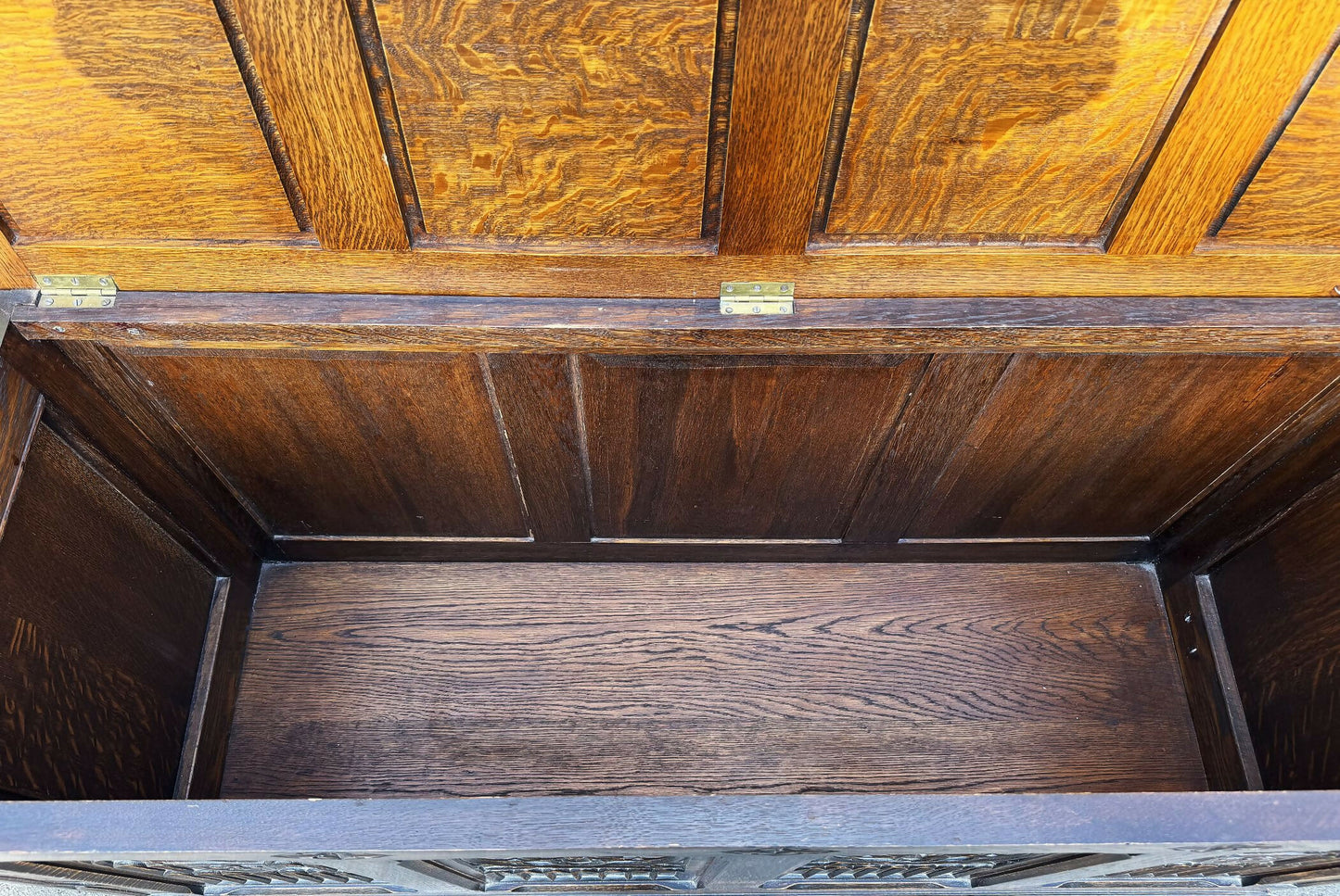 A Large Carved Oak Bedding or Blanket Box With Raised Linen Fold Panels