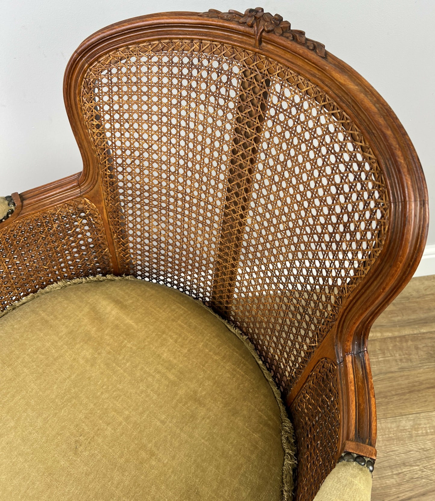 Armchair Vintage French Style Cane Upholstered Accent Carved Chair LOT 6311