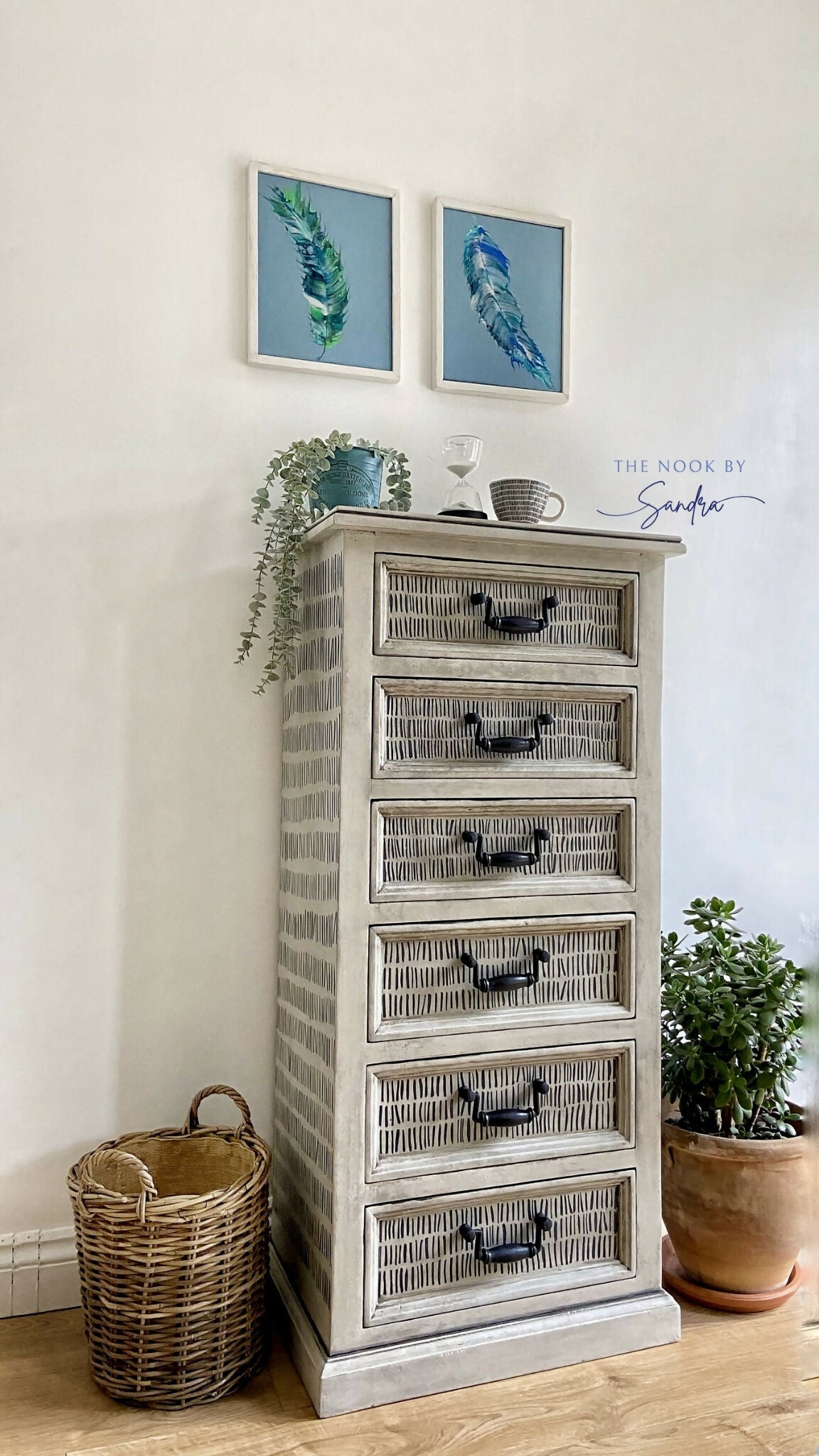 Hand-Painted Tallboy Chest of Drawers in Artisan Dash Pattern, Upcycled Furniture