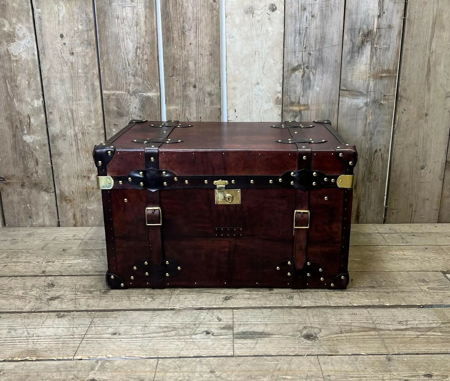 Genuine Bridle Leather Hand Dyed Belted Chestnut Brown Coffee Table Trunk