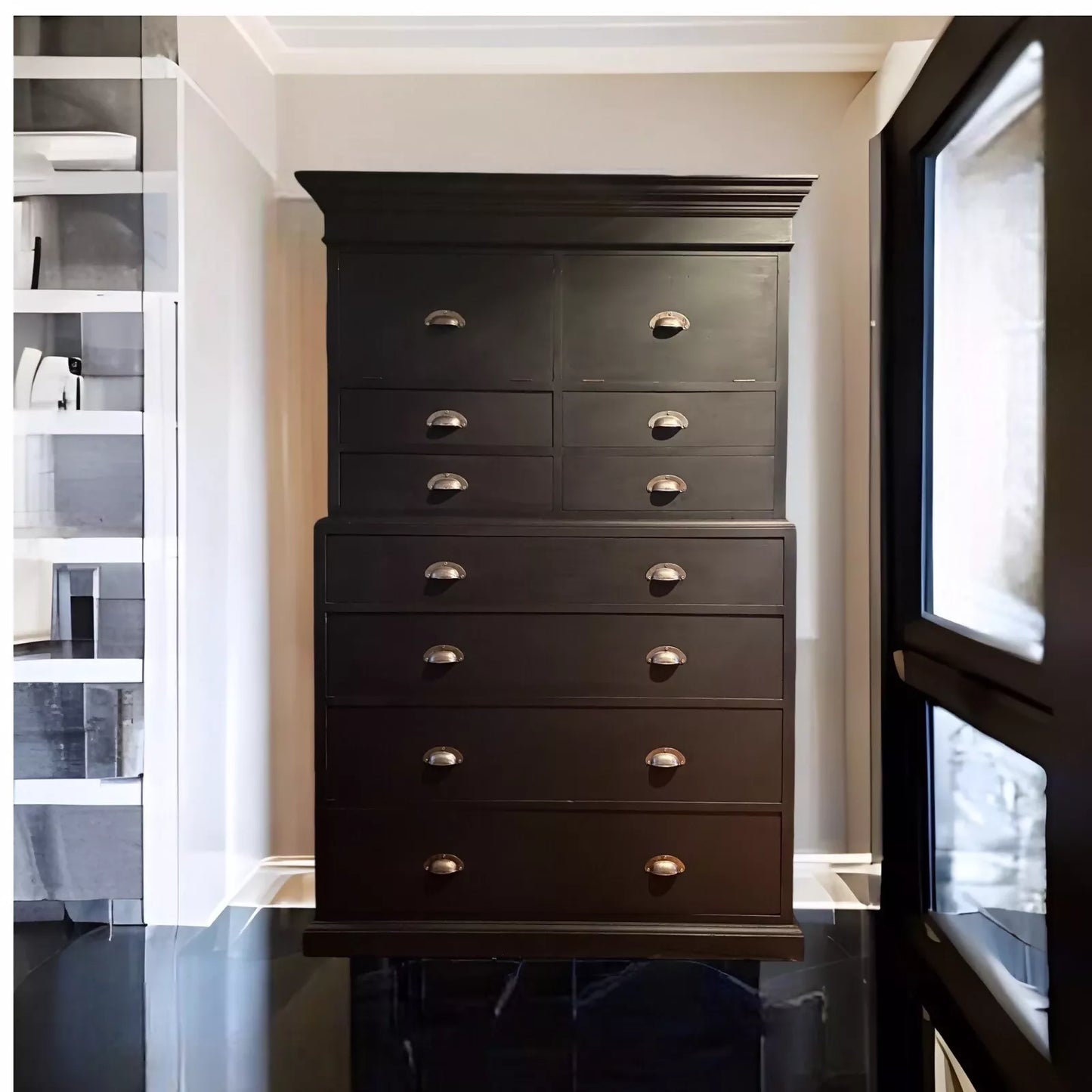 Vintage Repro Antique Style Mahogany Black Painted Chest on Chest of Drawers