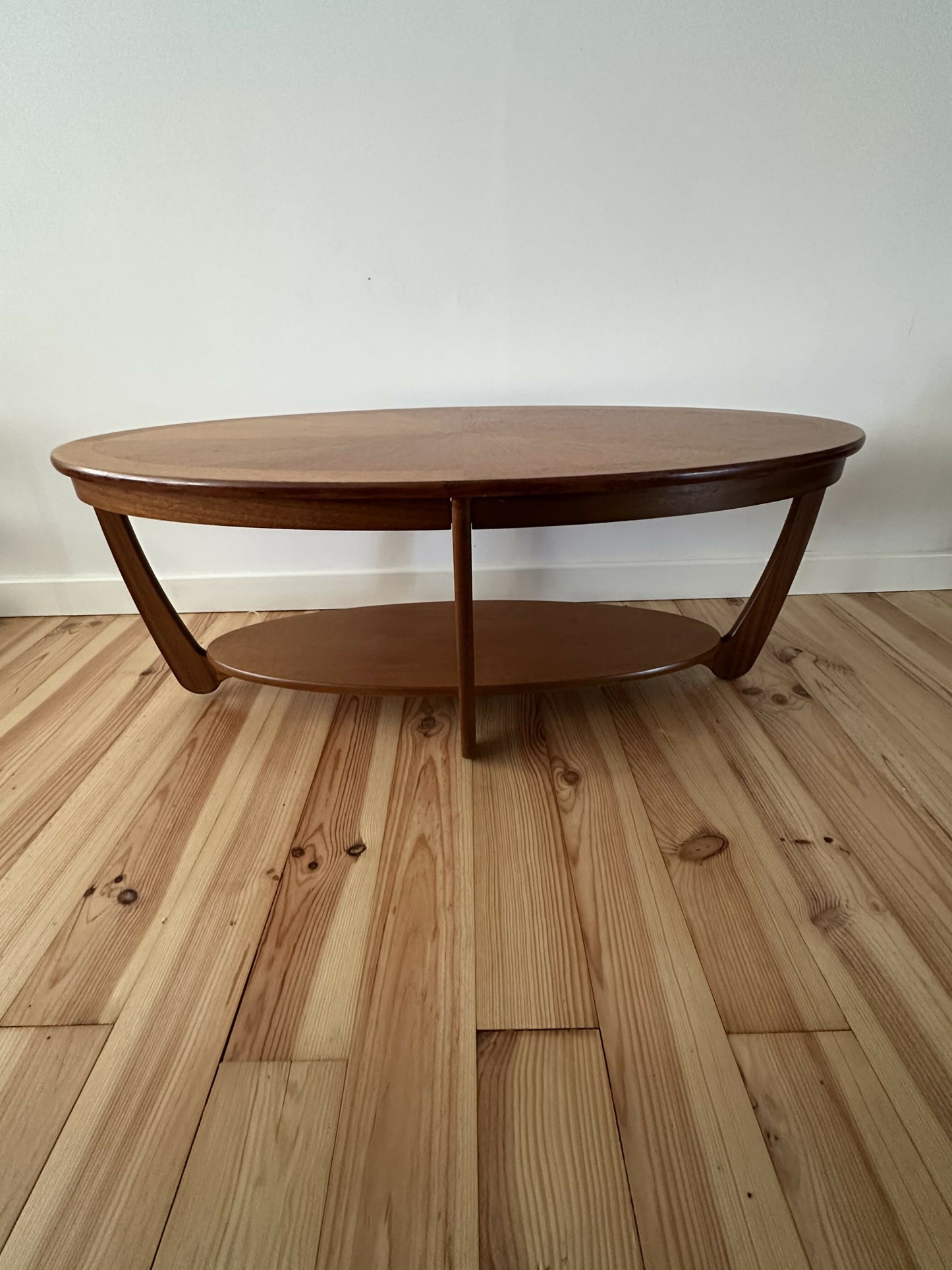 Mid Century Teak Coffee Table Nathan Oval Sunburst Top
