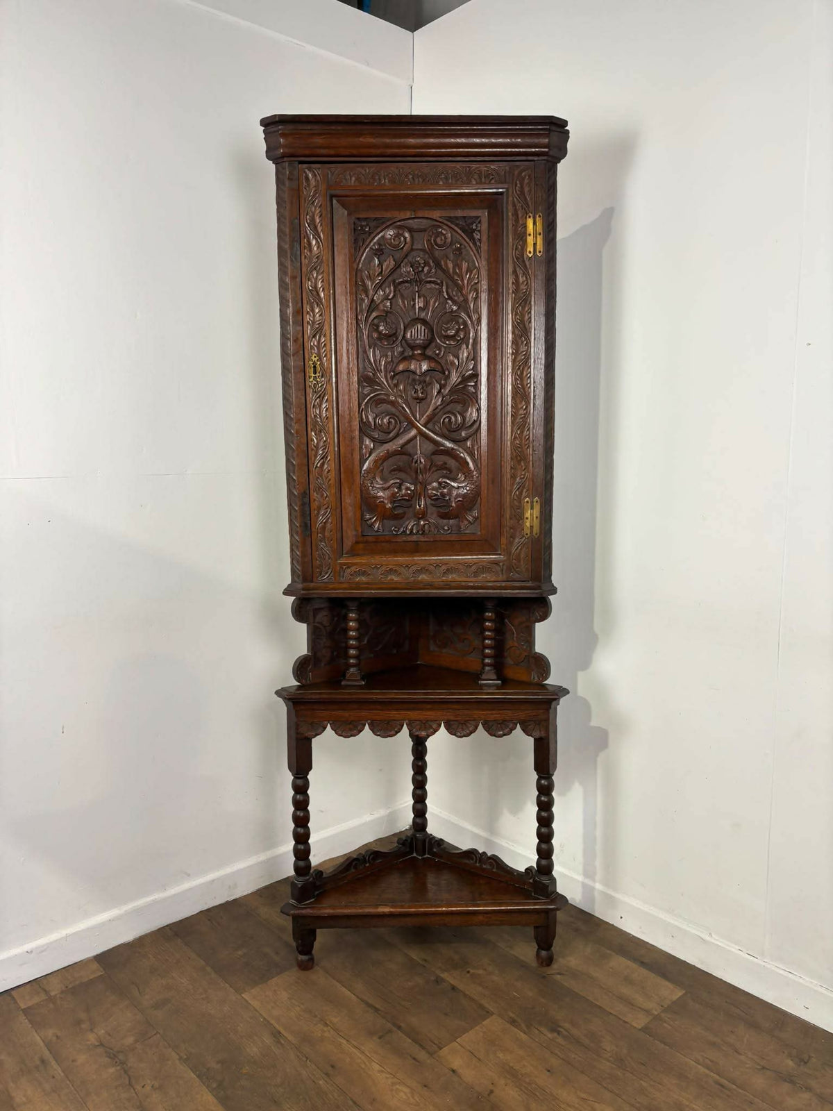 Antique Heavily Carved Oak Corner Cabinet