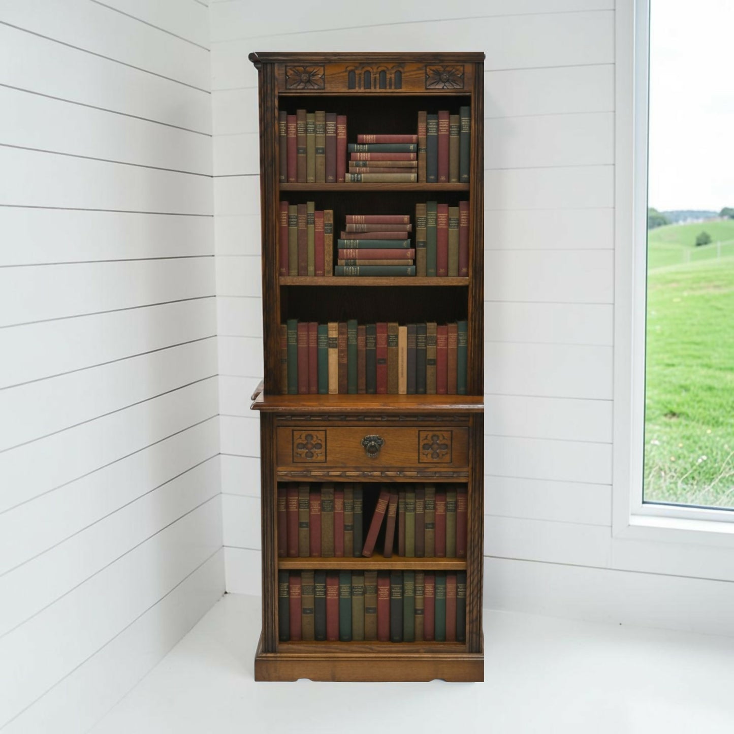 Old Charm Narrow Bookcase 4 Shelves Light Oak Carvings Drawer FREE UK Delivery*
