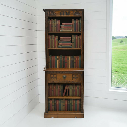 Old Charm Narrow Bookcase 4 Shelves Light Oak Carvings Drawer FREE UK Delivery*