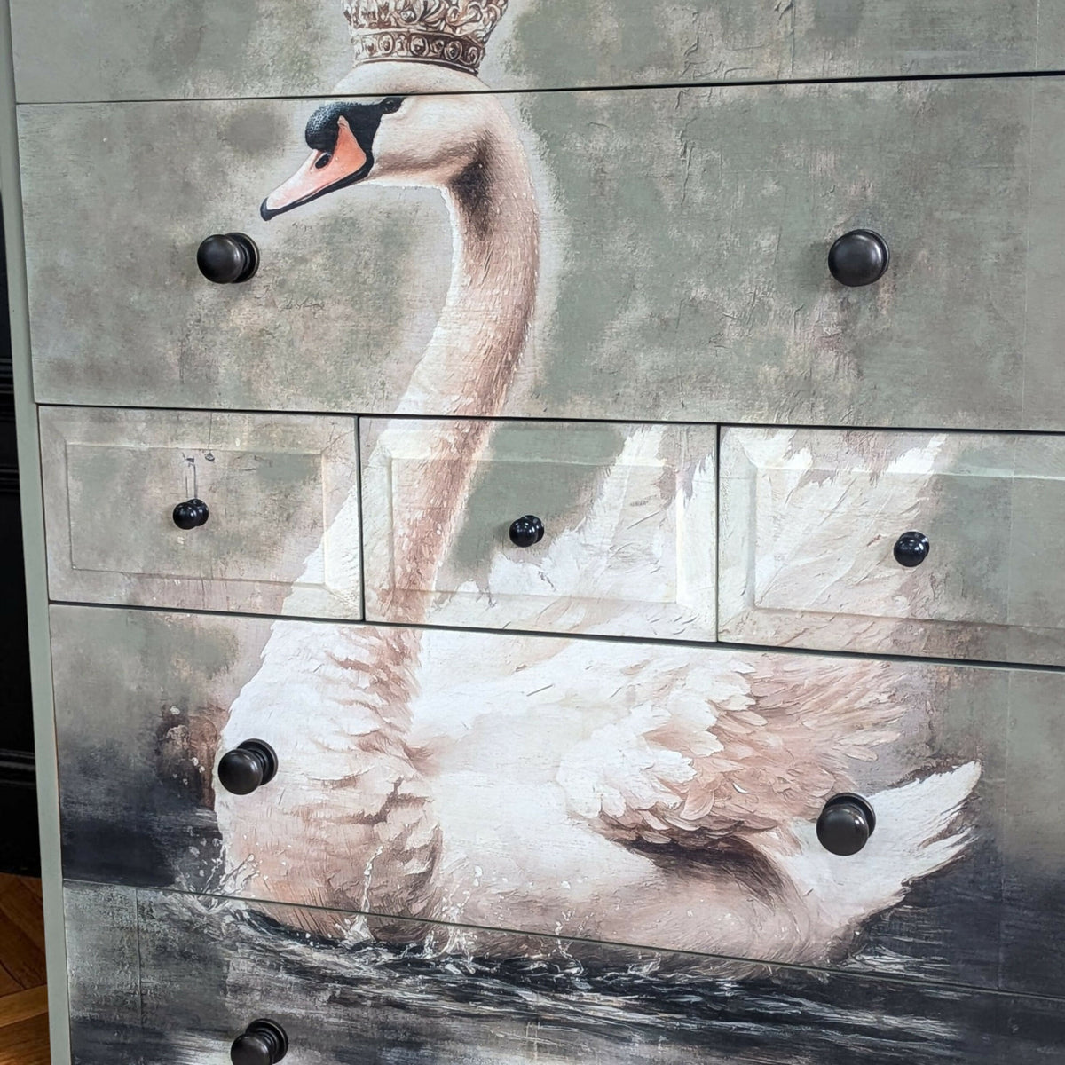 Vintage Stag sage green chest of drawers decoupage tallboy