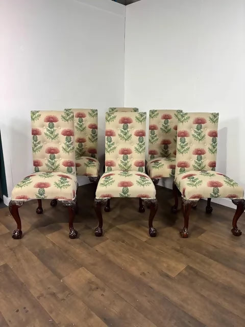 Set Of Six Victorian Style Upholstered Dining Chairs On Claw & Ball Feet