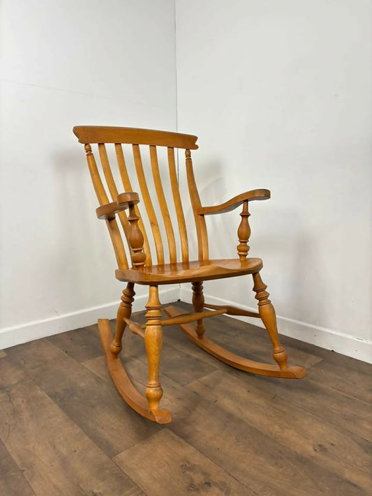 Vintage Elm Grandfather Rocking Chair – Classic Slat Back Wooden Armchair