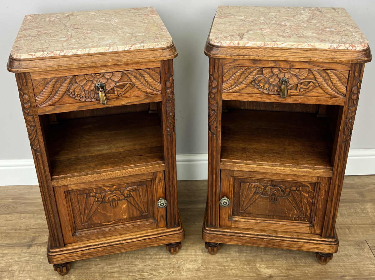 Pair of Bedside Tables Antique French Oak Carved Marble Top Cabinets LOT 6603