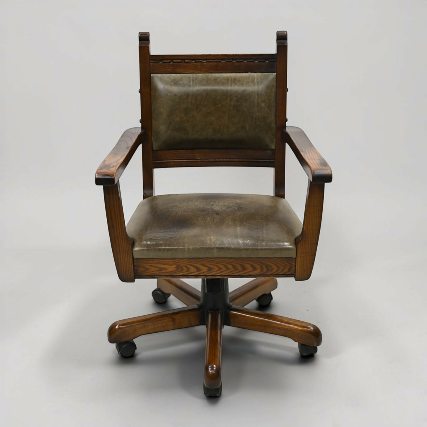 Vintage Wood Bros Old Charm Captains Office Chair Green Hide Leather Swivel Tilt