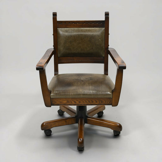 Vintage Wood Bros Old Charm Captains Office Chair Green Hide Leather Swivel Tilt