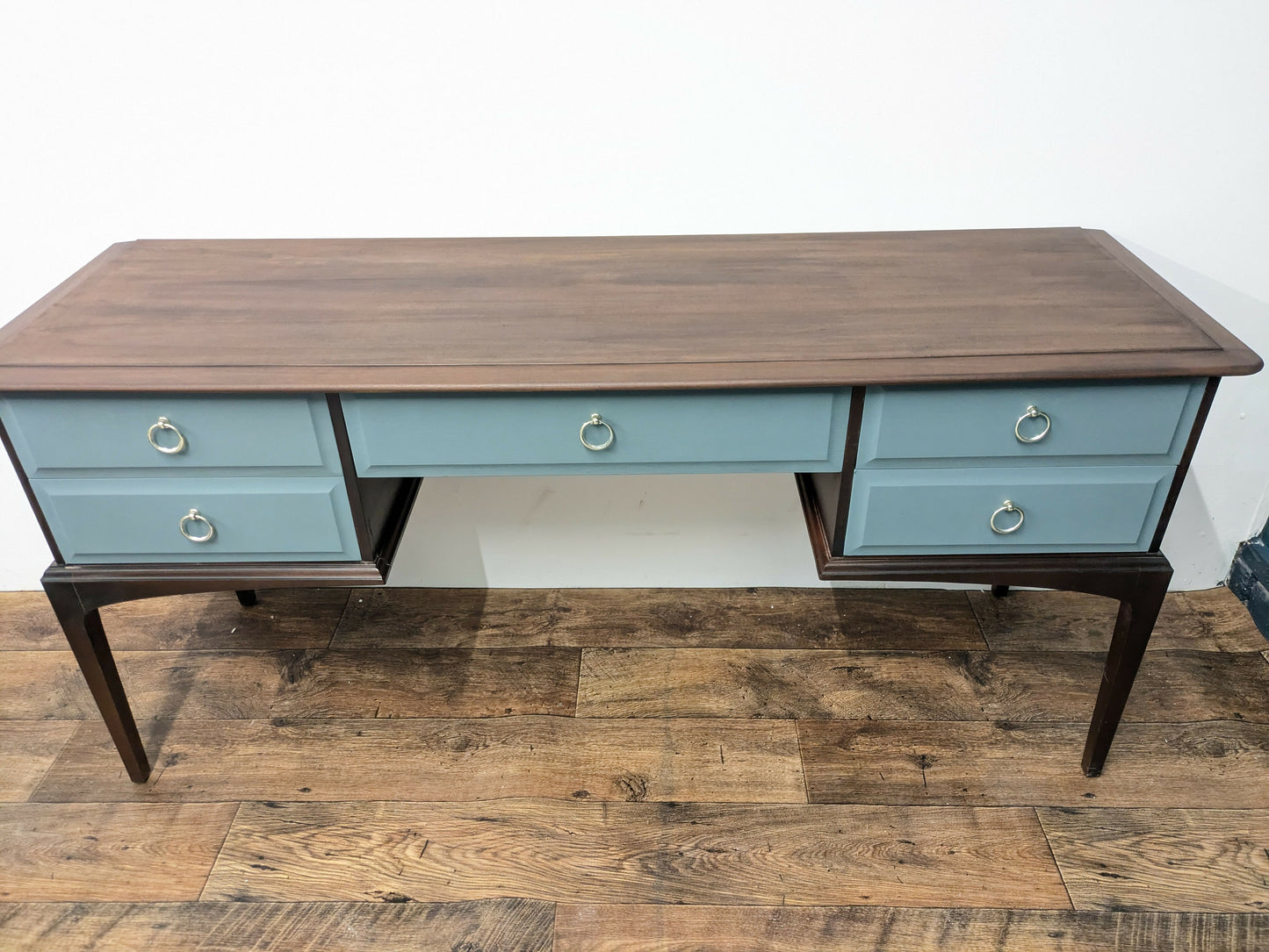 Vintage Stag Minstrel Dressing Table, Desk Dark Wood and Green Blue. Painted Upcycled Furniture