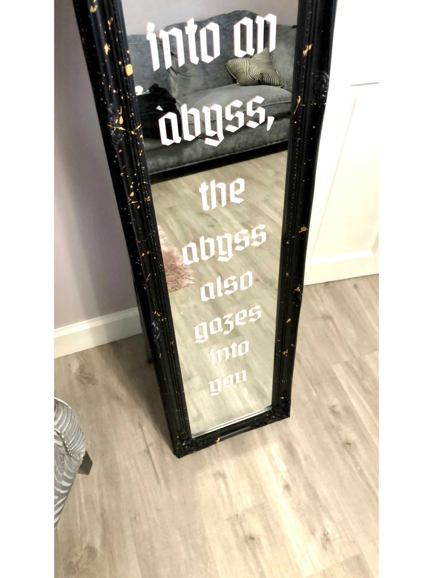 Up-Cycled Mirror, (Black painted frame with splashes of Gold)