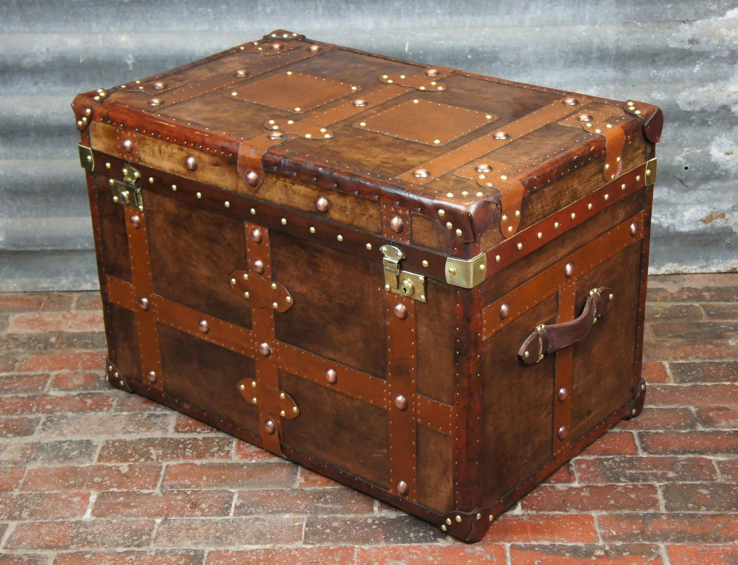 Vintage Inspired English Leather Steamer Trunk Interior Coffee Table End Table